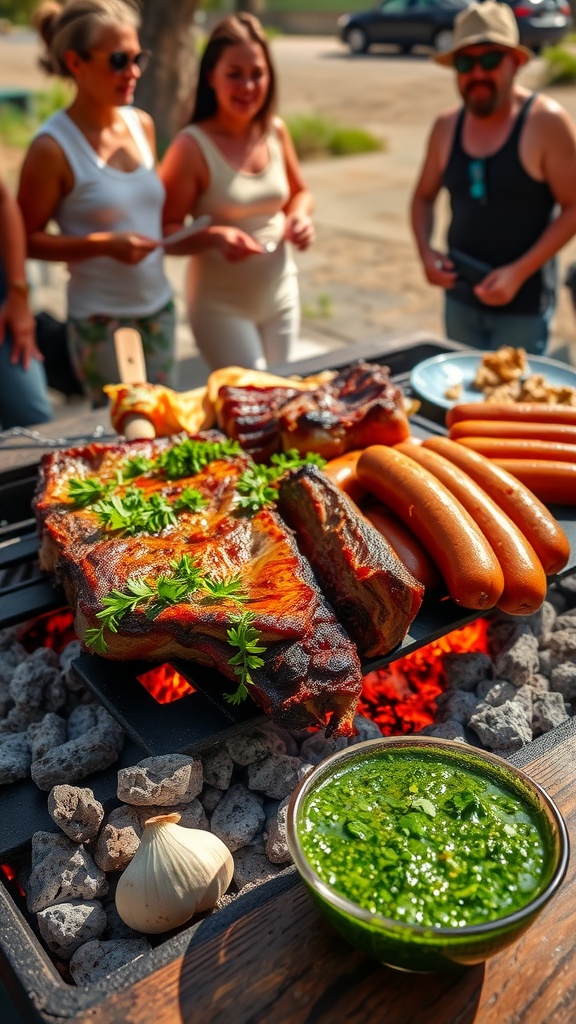 Uruguayan barbecue with beef ribs and sausages on the grill, served with chimichurri sauce outdoors.
